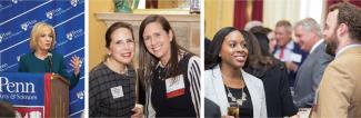 (L – R) Andrea Mitchell, CW’67, Chair of the Penn Arts and Sciences Board of Overseers; Susan Shankman Banker, C’76 and Jennifer Bernstein, C’93, PAR’20; Mariama Perry, C’11 and Colin Thune, C’06