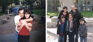 (L) Adrian Zadeh, C’93, and Perla Hanfling Zadeh, C’95, GAR’98, on campus in 1993. (R) The Zadeh family at Penn in 2011.