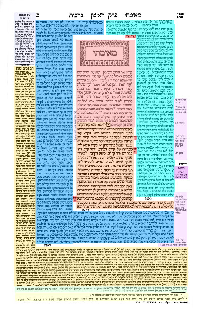 Primera página del Talmud, anotada en colores